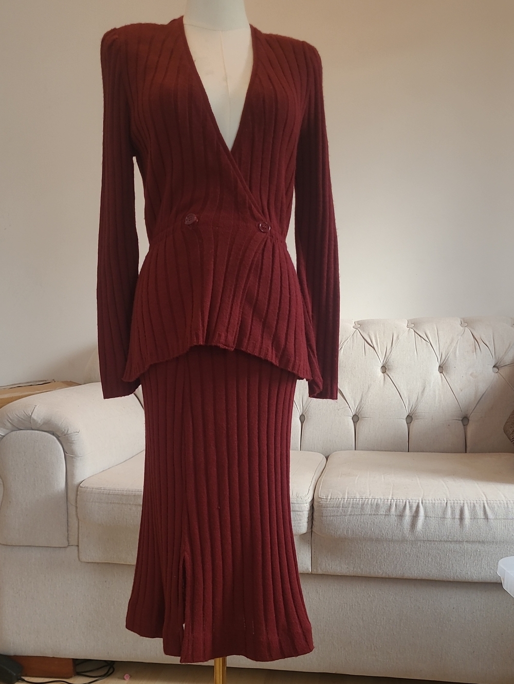 Ribbed Knit Two-Piece Skirt Set in Burgundy